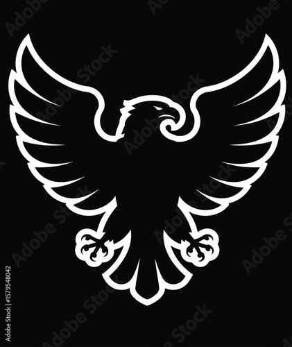 Eagle Silhouette with Spread Wings White Outline on Black Background Powerful and Majestic Bird