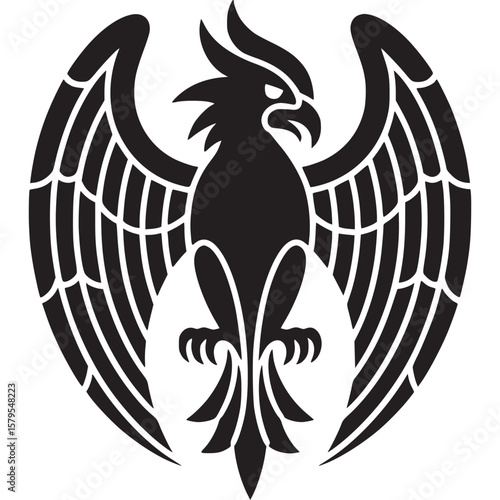 A black and white illustration of an eagle with wings spread and a fleur de lis at the bottom on transparent background