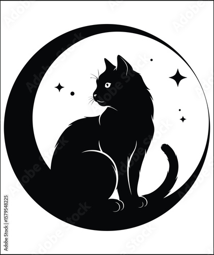 Elegant Black Cat Silhouette Sitting on Crescent Moon with Sparkling Stars Illustration