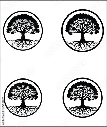 Four Black and White Tree of Life Circle Logos on a White Background