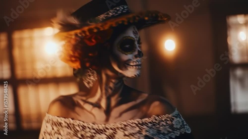 Dia de los Muertos Woman with Sugar Skull Makeup.