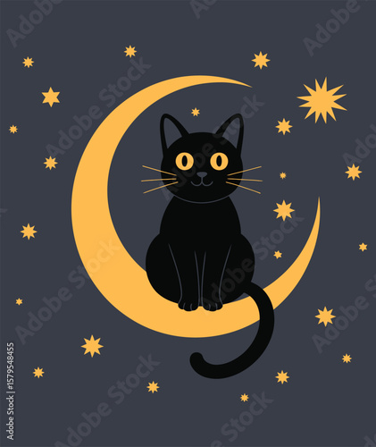 Cute Black Cat Sitting on Crescent Moon Among Stars Illustration