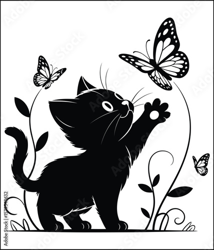 Cute Black Kitten Reaching for Butterflies in a Garden Black and White Illustration