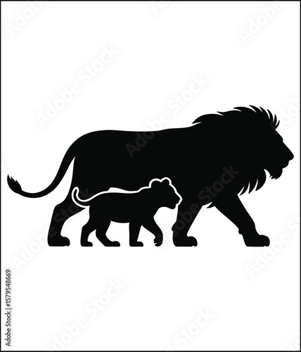 Lion and Cub Silhouette Walking Together Black and White Vector Illustration Wildlife Concept