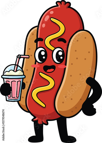 Hot dog cartoon character holding pink milkshake with straw vector illustration with smiling face and mustard design 