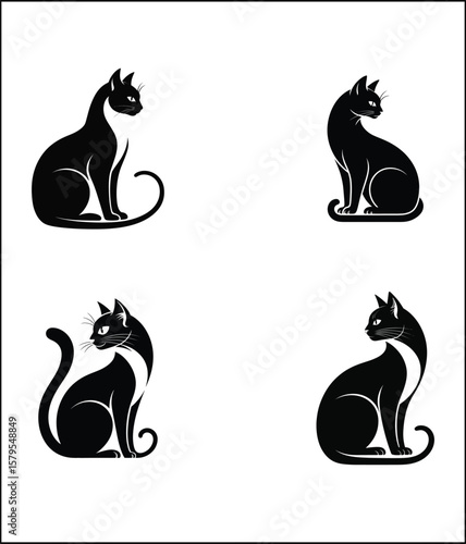 Elegant Black Cat Silhouettes Four Different Poses Simple Vector Design Isolated on White
