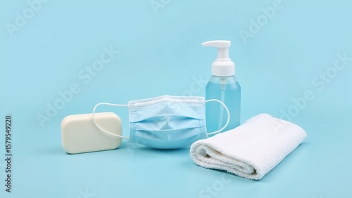 Hygiene set with soap, sanitizer, towel, and mask on blue background