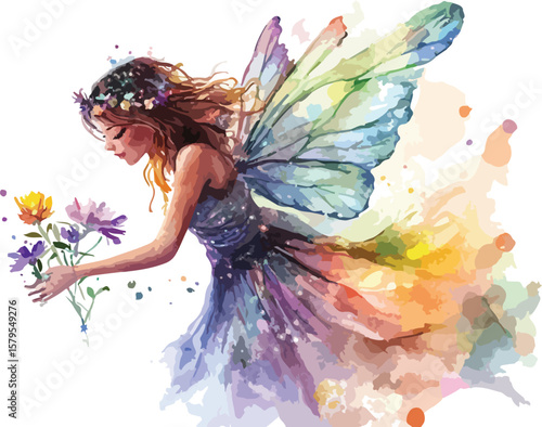 Watercolor Fairy with Butterfly Wings Holding Flowers in a Dreamy Scene