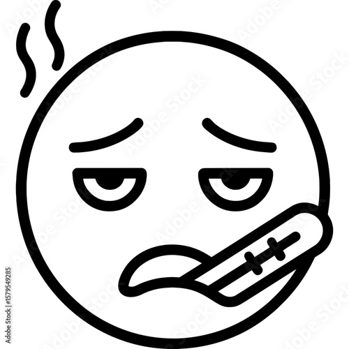Sick face with thermometer outline icon vector