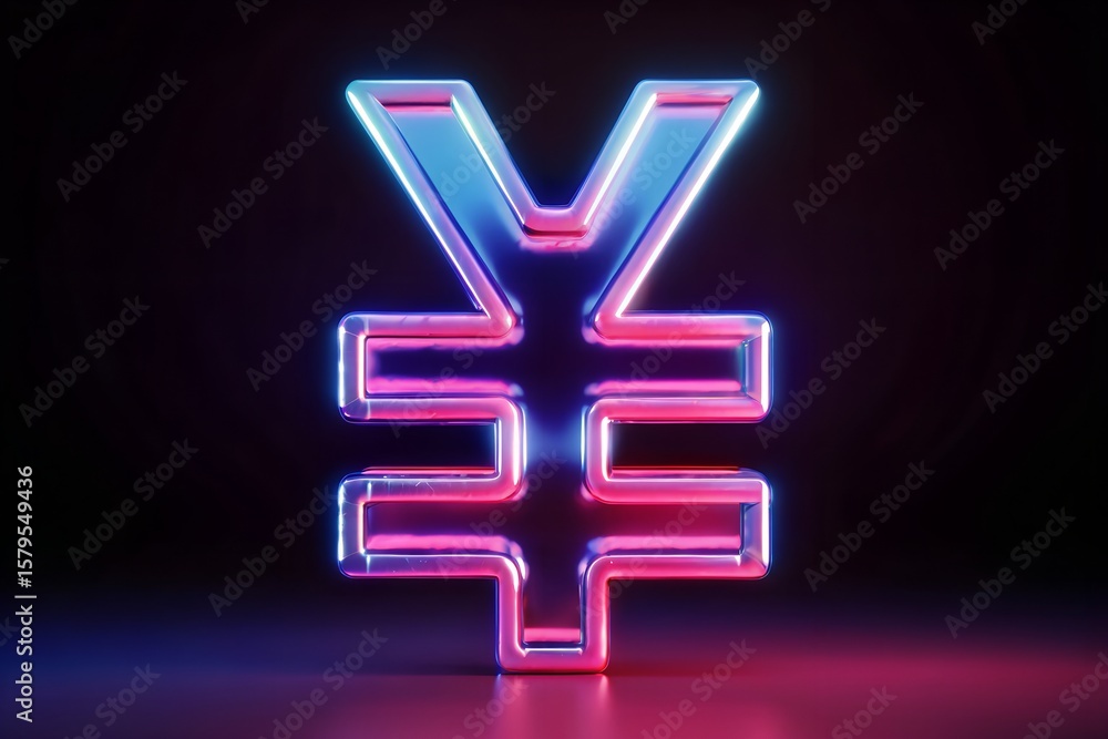 Fototapeta premium Bold Neon-Lit Yen Symbol Design with Vibrant Blue and Pink Glow for Financial Markets and Currency Significance