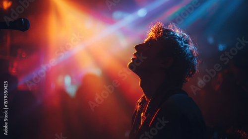A performer on stage bathed in colorful stage lights