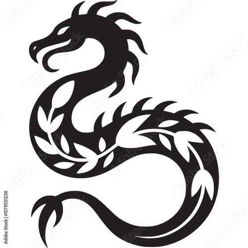 A black silhouette of a dragon coiled with floral patterns on a white background in a simple design on transparent background