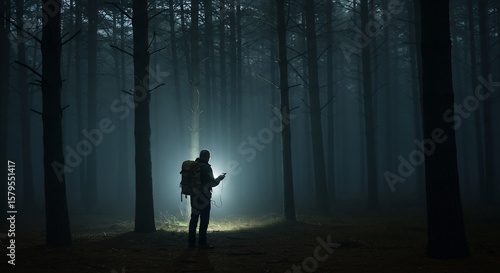 Lost in the Fog: Backpacker Illuminated by Phone in Eerie Forest