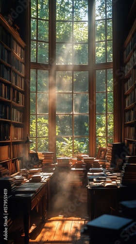 Dusty Sunlight Filters Through Windows of an Old Library Filled With Books at...