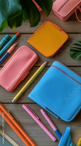 Colorful Stationery and Wallets Arranged on a Wooden Table During Daylight