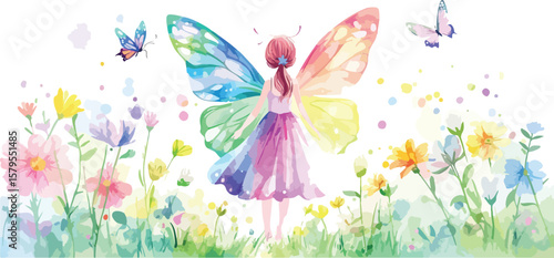 Watercolor Fairy Girl with Butterfly Wings in a Flower Field Illustration