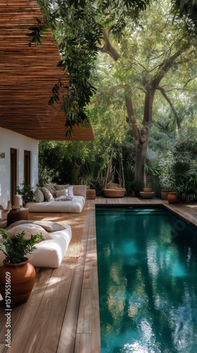 Elegant Outdoor Lounge Area With Serene Pool Surrounded by Lush Greenery in a...
