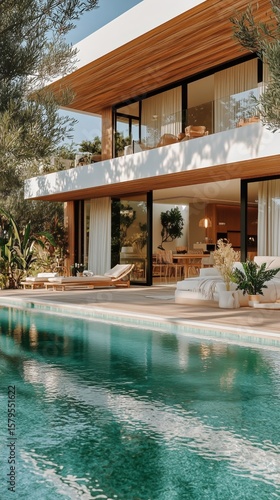 Luxurious Villa With Pool Overlooking Lush Green Landscape During Sunset.