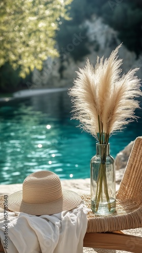 Relaxing Afternoon by the Tranquil Water With a Straw Hat and Pampas Grass Bo...