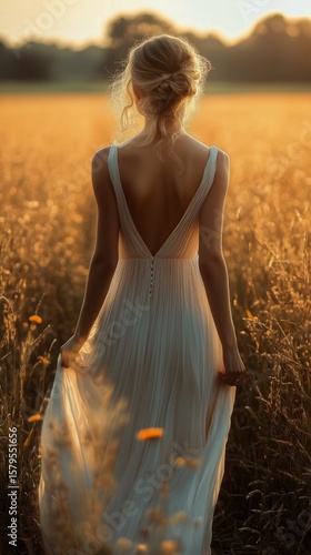 Woman in a Flowing Dress Walking Through a Golden Field at Sunset in Warm Sum...