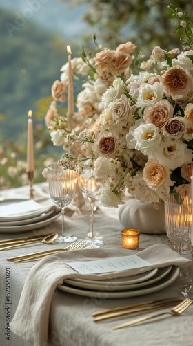 Elegant Outdoor Dining Setup With Floral Centerpiece and Candlelight at Sunset