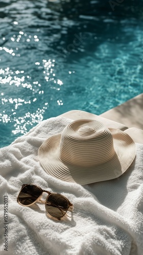 Summer Relaxation by the Pool With a Wide-Brimmed Hat and Sunglasses on a Towel