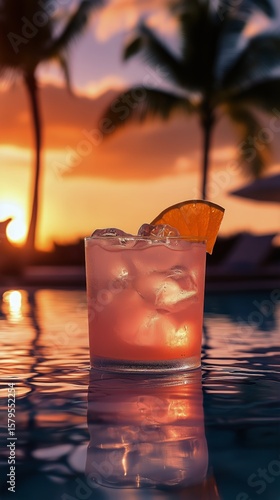 Relaxing at Sunset With a Refreshing Cocktail by the Poolside in a Tropical P...