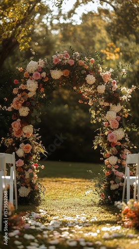 Romantic Floral Archway at a Sunlit Outdoor Wedding Venue Surrounded by Lush ...