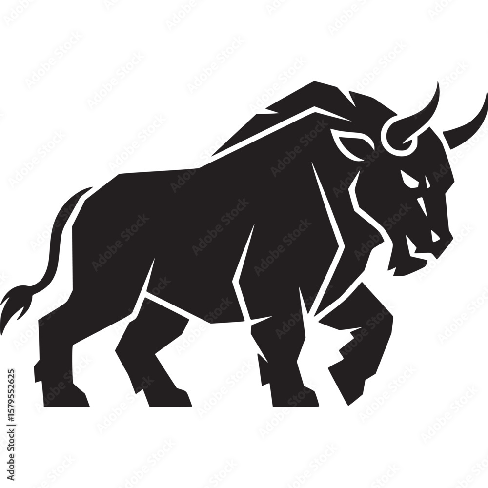 Obraz premium A stylized black silhouette of a bull with horns and a tail on a white background in a vector style on transparent background