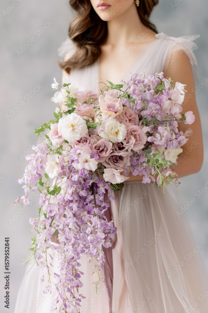 Naklejka premium Bride holding a cascading bouquet of pastel roses, wisteria, and delicate blooms in soft pink, lavender, and ivory