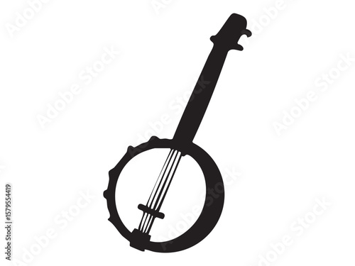 Black silhouette of banjo isolated on white background, graphic illustration. concept of musical instrument, acoustic guitar alternative, bluegrass music, icon, logo, art design