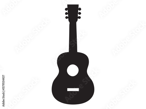 Black silhouette of acoustic guitar, isolated on white background, graphic illustration. concept of musical instrument, guitar icon, music, design element, string instrument