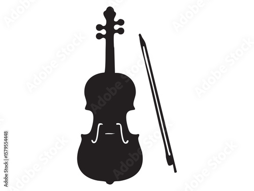 Black silhouette of violin with bow isolated on white background, graphic illustration. concept of string instrument, classical music, orchestra, icon, logo, design element