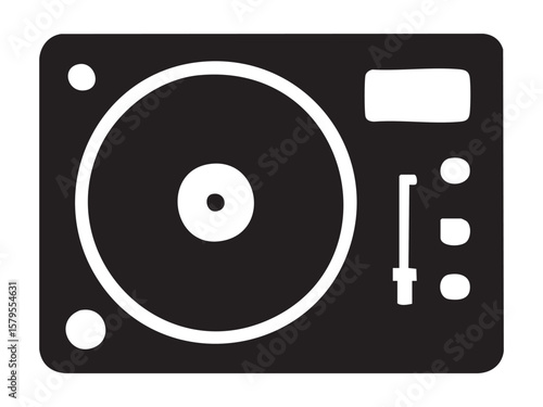 Black silhouette of dj turntable isolated on white background, graphic illustration. concept of music, dj equipment, audio gear, night club, icon, logo, design element