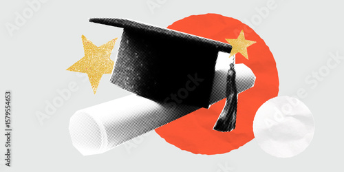 Collage with diploma scroll and cap. Educational surreal pop-art collage