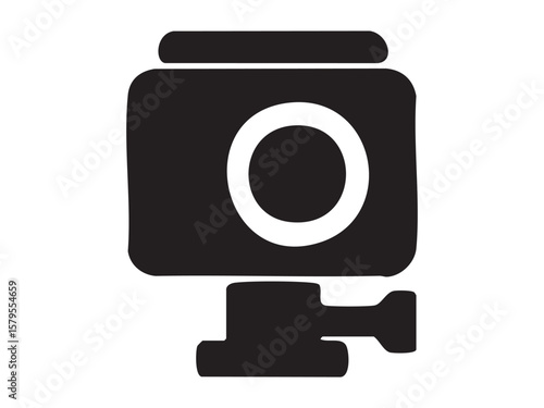 Black silhouette of action camera with mounting bracket isolated on white background, illustration. Concept of outdoor video recording, compact filming device, adventure capture, design element