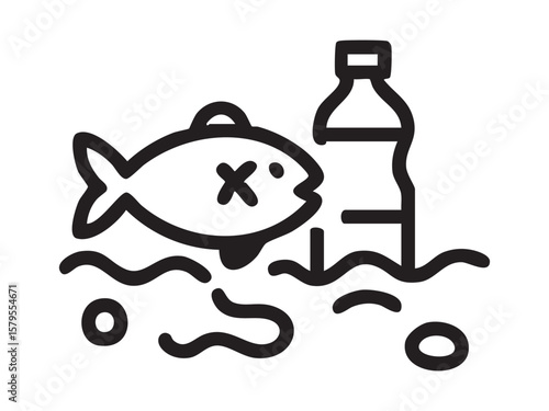 Black outline of fish and plastic bottle in water, graphic illustration. concept of environmental pollution, plastic waste, ocean contamination, nature conservation, ecosystem.