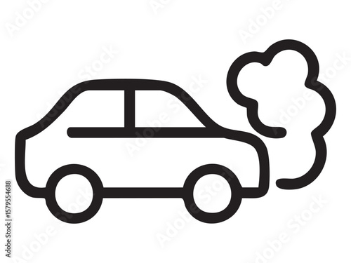 Black outline of car emitting exhaust fumes isolated on white background, graphic illustration. concept of environmental pollution, vehicle emissions, eco-awareness, air quality issues