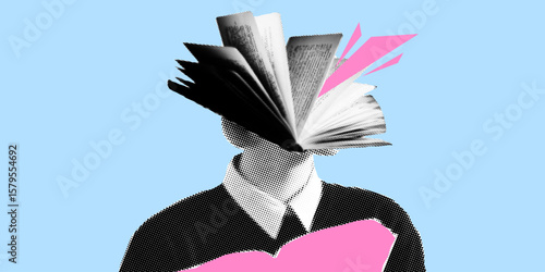Surreal collage of faceless person with open book as head in pop art halftone design.