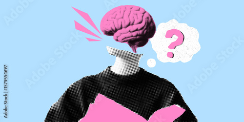 Brain head collage with question mark and speech bubble in pop art halftone design.