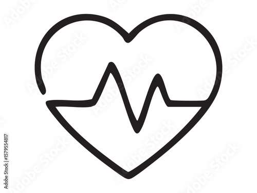 Black silhouette of heart with pulse line, iconic symbol for health and medicine, isolated on white background. concept of heartbeat, medical care, healthcare, wellness, fitness.
