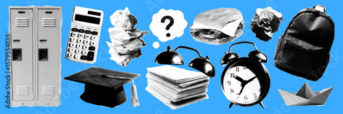 Pop art back to school halftone collage with stationery, food, alarm clock and locker on blue background