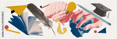Vintage inspired school collage with notebook paper, brain, books and geometric accents