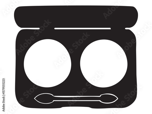 Black silhouette of eyeshadow palette with two color pans and applicator isolated on white background, graphic illustration. Concept of compact makeup kit, cosmetic eye product, beauty accessory