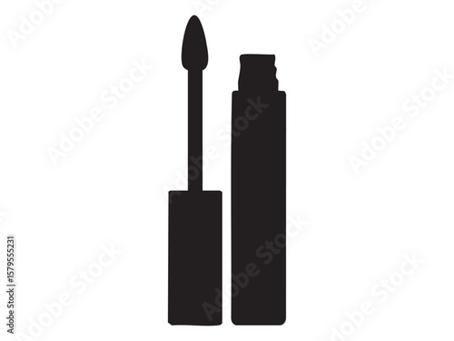 Black silhouette of lip gloss or liquid lipstick with applicator wand isolated on white background, graphic illustration. Concept of cosmetic product, beauty makeup for lips, feminine accessory