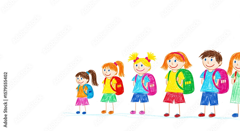 Children's drawing of students with schoolbags in childlike illustration made with wax crayons. Children's drawing featuring smiling school children in soft colors and with simple forms, uneven lines Children's drawing of students with schoolbags in childlike illustration made with wax crayons. Children's drawing featuring smiling school children in soft colors and with simple forms, uneven lines