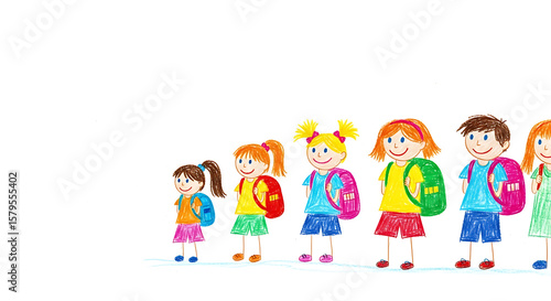 Children's drawing of students with schoolbags in childlike illustration made with wax crayons. Children's drawing featuring smiling school children in soft colors and with simple forms, uneven lines