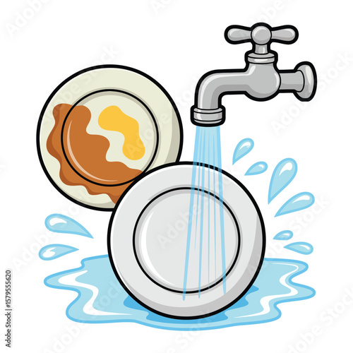 Cartoon illustration of dirty and clean plates being washed under a faucet