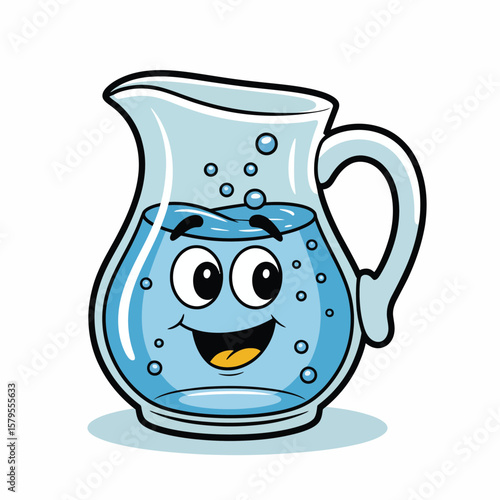 Happy cartoon water pitcher with a smiling face and bubbles
