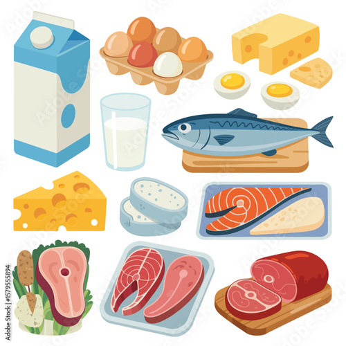 Collection of healthy protein rich foods including fish dairy eggs and meat